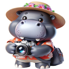 Cute hippo wearing Hawaiian costume standing holding a pro camera