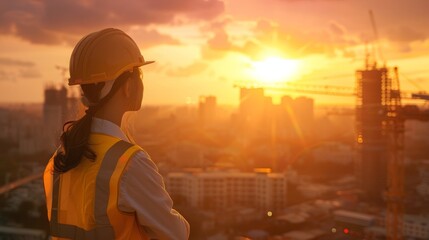 Fototapeta premium Female engineer wearing protective equipment Supervising the construction site during sunset