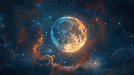 A celestial scene with a glowing moon and stars.
