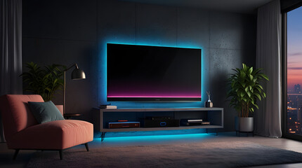 Smart TV in modern living room interior design with connected neon lights, 3D render style. Generative ai.