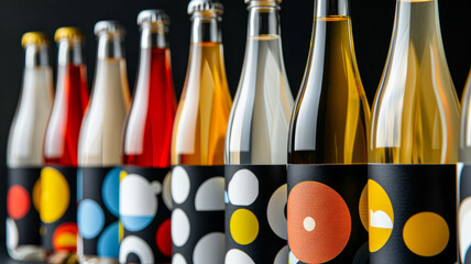 Row of colorful beverage bottles with modern labels.