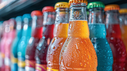 Assorted colorful soda bottles with condensation in a grocery store