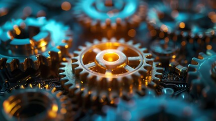 Close-up of shiny metal gears interlocking, glowing with orange light.