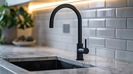 Modern kitchen sink with black faucet and marble countertop