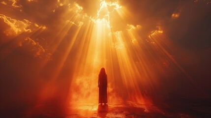 A figure standing in a beam of divine light.