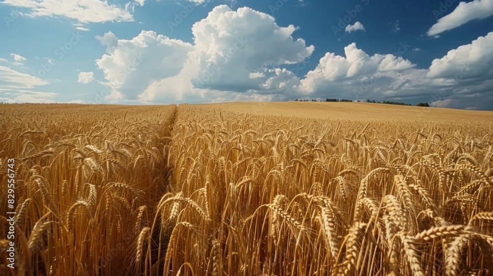 Poster a field of golden wheat stretching to the horizon, with fluffy clouds overhead casting shadows that 