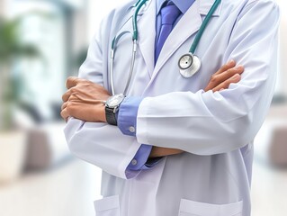Doctor in uniform holding stethoscope and crossed arms. Hospital or clinic background and copy space