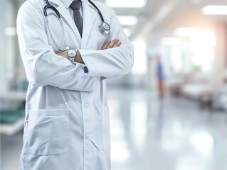 Doctor in uniform holding stethoscope and crossed arms. Hospital or clinic background and copy space