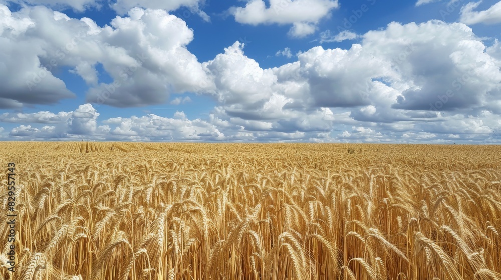 Poster a field of golden wheat stretching to the horizon, with fluffy clouds overhead casting shadows that 