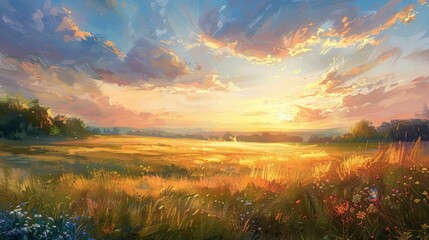 The image shows a beautiful landscape with a golden field of wheat, blue sky and setting sun.