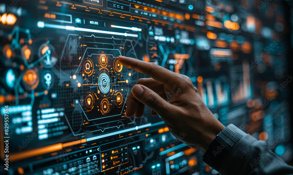 Poster businessman interacting with ai machine learning on virtual screen, data science and it concept with