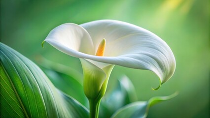 Close-up of a calla lily with soft shades of white and green, surrounded by empty space