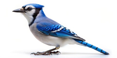 Blue jay standing on a white background