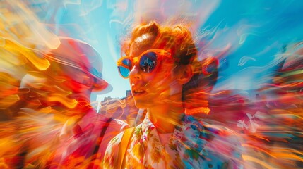 The image shows a man covered in colorful powder