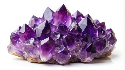 Vibrant purple amethyst crystal cluster with sharp edges and deep hues, showcasing natural beauty