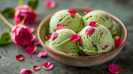 Pistachio Rose Ice Cream in a romantic garden, garnished with edible rose petals.