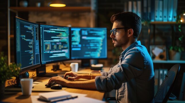 A software developer works on code late into the night, illuminated by the glow of multiple computer screens in a modern office. AIG41