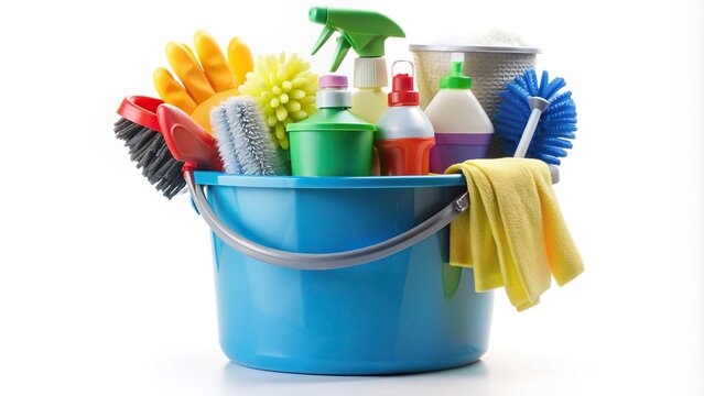 An overflowing bucket filled with cleaning supplies and brush on a white background