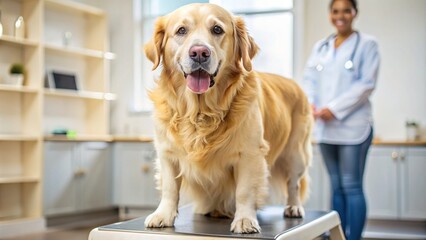 Stock photo of a golden labrador retriever being weighed at the veterinarian's office, highlighting the problem of obesity in pets and modern veterinary care