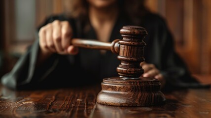 Woman Judge Holding Gavel, About to Strike on Sounding Block, Symbolizing Justice, Authority, and Legal Decision Making