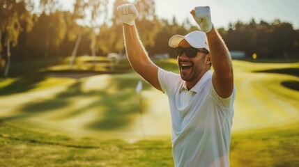 A golfer celebrating a successful putt with a fist pump and a smile, as the ball drops into the hole on a sunny green.