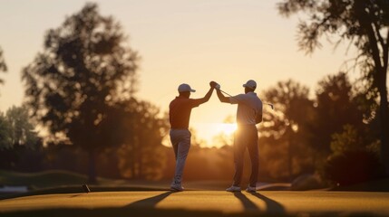 A golfer celebrating a successful shot with a high-five from a fellow player, enjoying the camaraderie of the game.