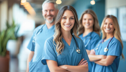 Fototapeta premium Healthcare providers are happily smiling and actively involved in a hospital event