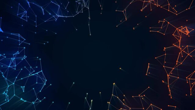 Neon animated background. Ice and fire. Wave movement of glow lines. Plexus stripes, dots. Digital network. Magnetic. Molecular bond. Energy field. Computer screensaver, business, introduction. 4k