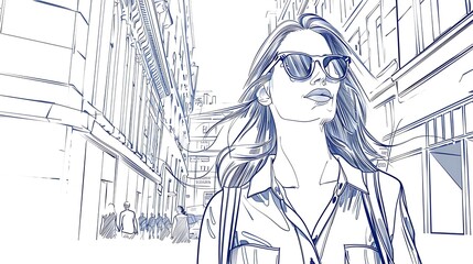 Young beautiful woman in sunglasses walking down the street on a sunny day. She is wearing a casual outfit and has a backpack on her shoulder.