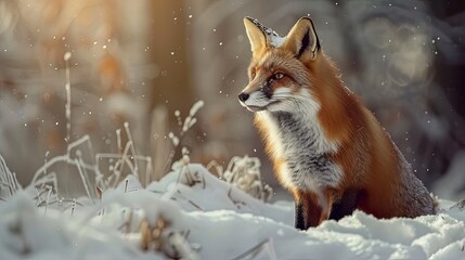 Naklejka premium Fox on the winter forest meadow, with white snow. Red Fox hunting, Vulpes vulpes, wildlife scene from Europe. Orange fur coat animal in the nature habitat