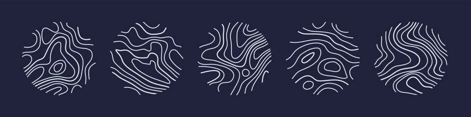 Naklejka premium Circular wood rings or topographic map lines texture set. Wood tree topographic abstract lines collection flat style design vector illustration contour isolated pattern design.