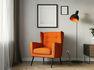 Cozy living room featuring a vibrant orange armchair, floor lamp, and framed wall art. Perfect for home decor inspiration.