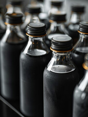 Obraz premium Close-up of black glass bottles with condensation.