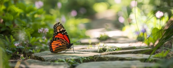 Serene Garden Scene: Colorful Butterfly Peacefully Resting on a Stone Path Surrounded by Lush Greenery