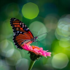 Graceful Butterfly Resting on a Delicate Pink Flower with Lush Green Bokeh Background