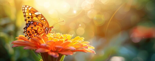 Delicate Butterfly Perched on Blossoming Flower Under Soft Morning Light