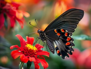 Macro Shot of a Beautiful Butterfly Feeding on a Bright Red Blossom in Nature