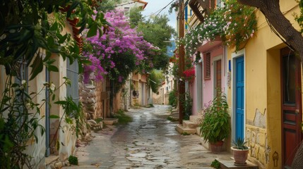 A charming alleyway lined with Greek-style buildings and flowering vines