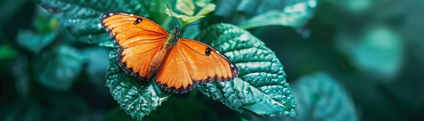 Vivid Orange Butterfly Resting on Lush Green Leaf in Nature's Beauty