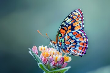 Graceful Butterfly Resting on a Delicate Flower Bud with Intricate Patterns on its Wing