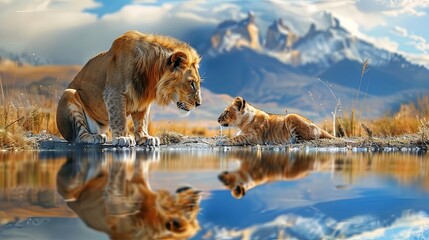 Lion cub looking the reflection of an adult lion in the water on a background of mountains