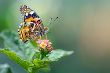 Graceful Butterfly with Intricate Wing Pattern Resting on Blooming Flower Bud in Spring Garden