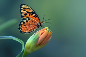 Majestic Butterfly Resting on a Vibrant Flower Bud with Intricate Patterns on Wings