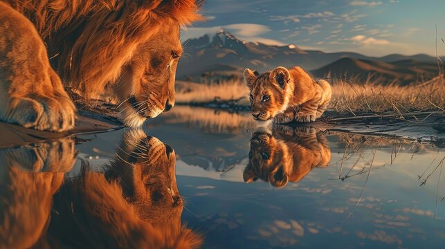 Lion cub looking the reflection of an adult lion in the water on a background of mountains