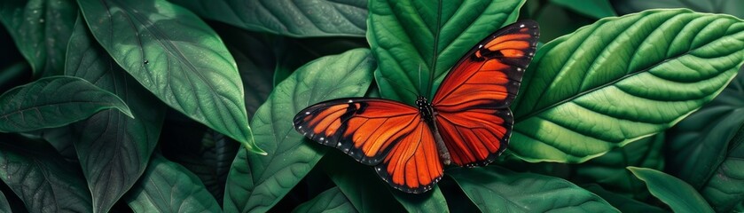 Majestic Butterfly with Vibrant Orange and Black Wings Resting on a Lush Green Leaf in a Natural Setting