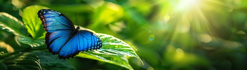 Ethereal Beauty - Vibrant Blue Butterfly Resting on Lush Green Leaf with Sunlight Filtering Through