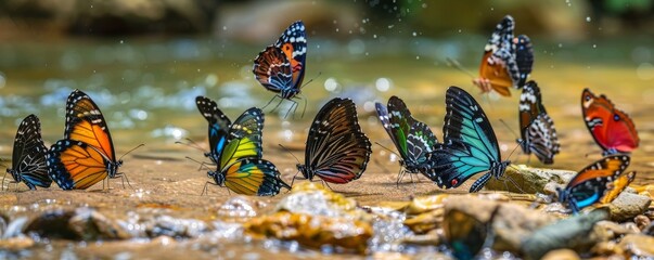 Fluttering Beauty: Group of Multicolored Butterflies Resting on Sandy Riverbank