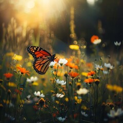 Majestic Monarch Butterfly Savoring Nectar from Vibrant Wildflower in Lush Meadow