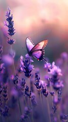 Graceful Butterfly Floating Over a Lavender Meadow in Soft Light