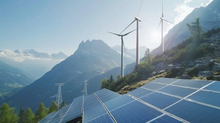 Wind turbine and solar power plant, wind turbine energy, solar energy. Alternative electricity.